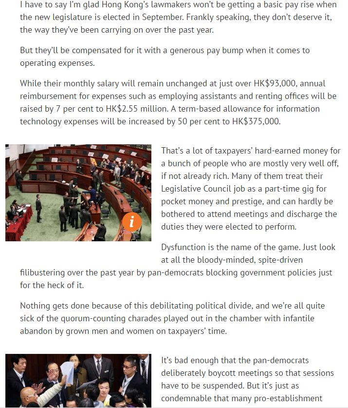 SCMP 24 March 2016, HK lawmakers deserves a Pay cut