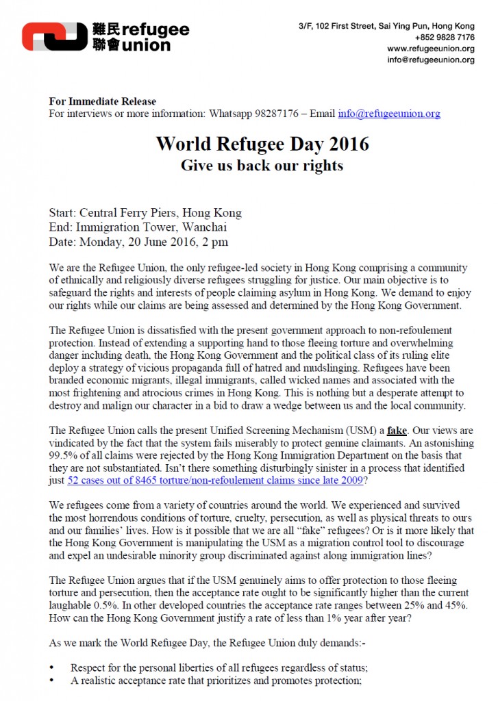 RU Press Release for World Refugee Day - 20Jun2016 -1