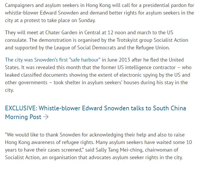 SCMP 24th Sept 2016, Refugees campagh for Snowden Pardon