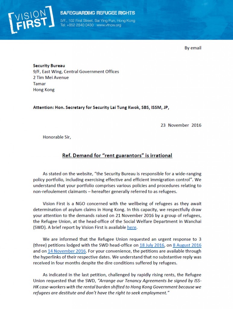 Letter to Security Bureau on rent guarantors - 23Nov2016