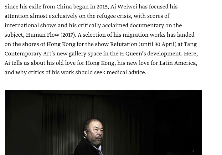 Ai Weiwei, artist and Chinese exile, discusses his work focusing on the global refugee crisis coming to Art Basel Hong Kong